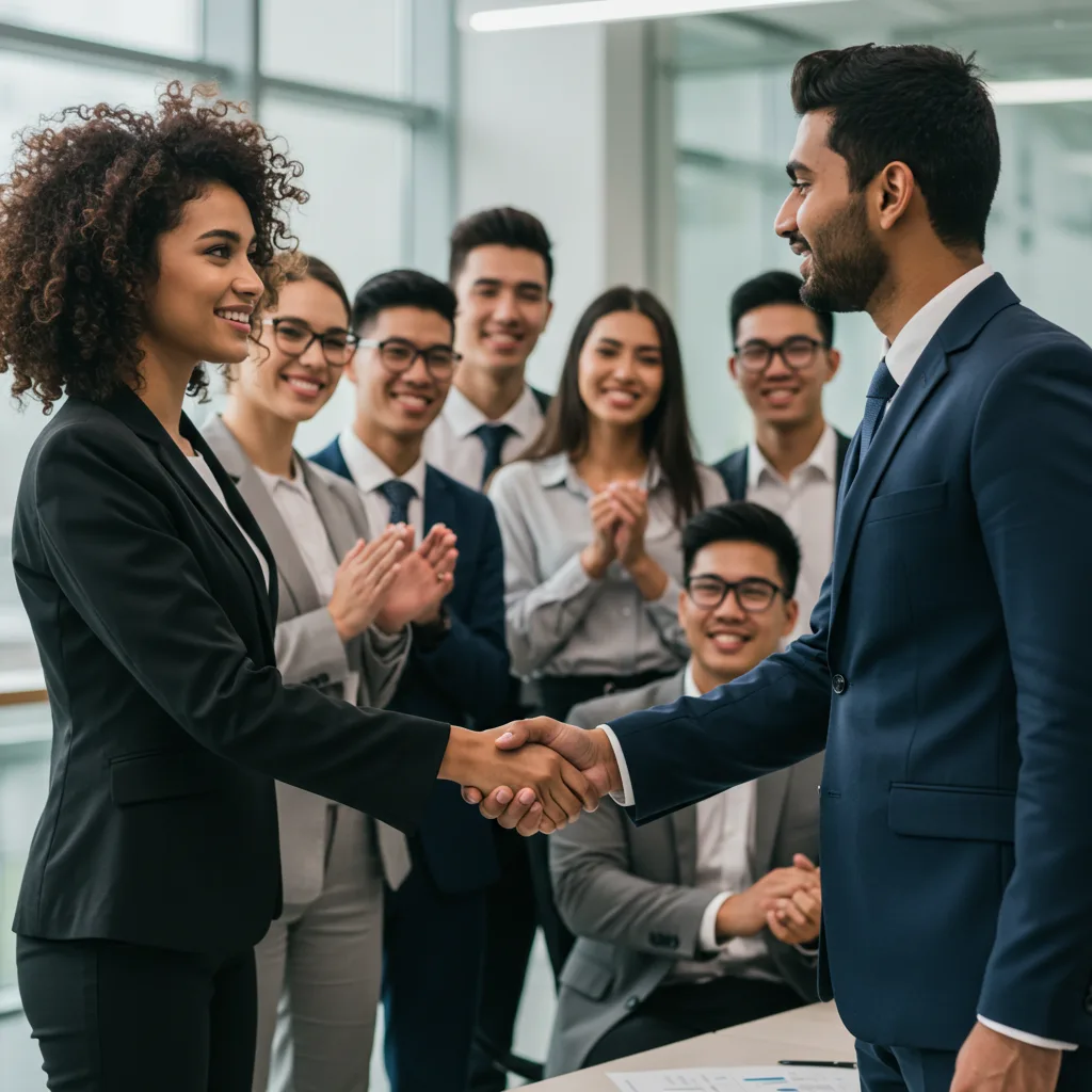 Profesionales celebrando un acuerdo exitoso con apretón de manos en una oficina moderna
