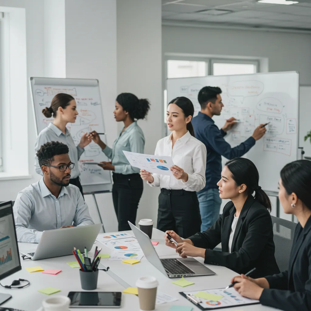 Equipo diverso colaborando en una sala de reuniones con pizarras y gráficos para desarrollar soluciones a medida